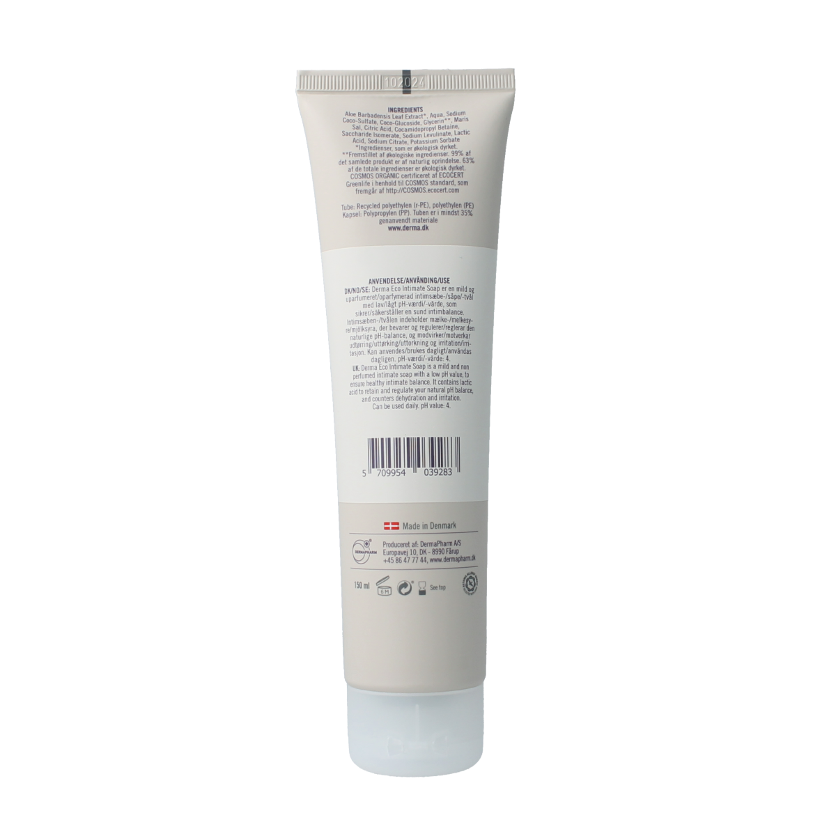 Derma Eco intimate soap in 150ml bottle, gentle body care product with a clean design and natural ingredients.