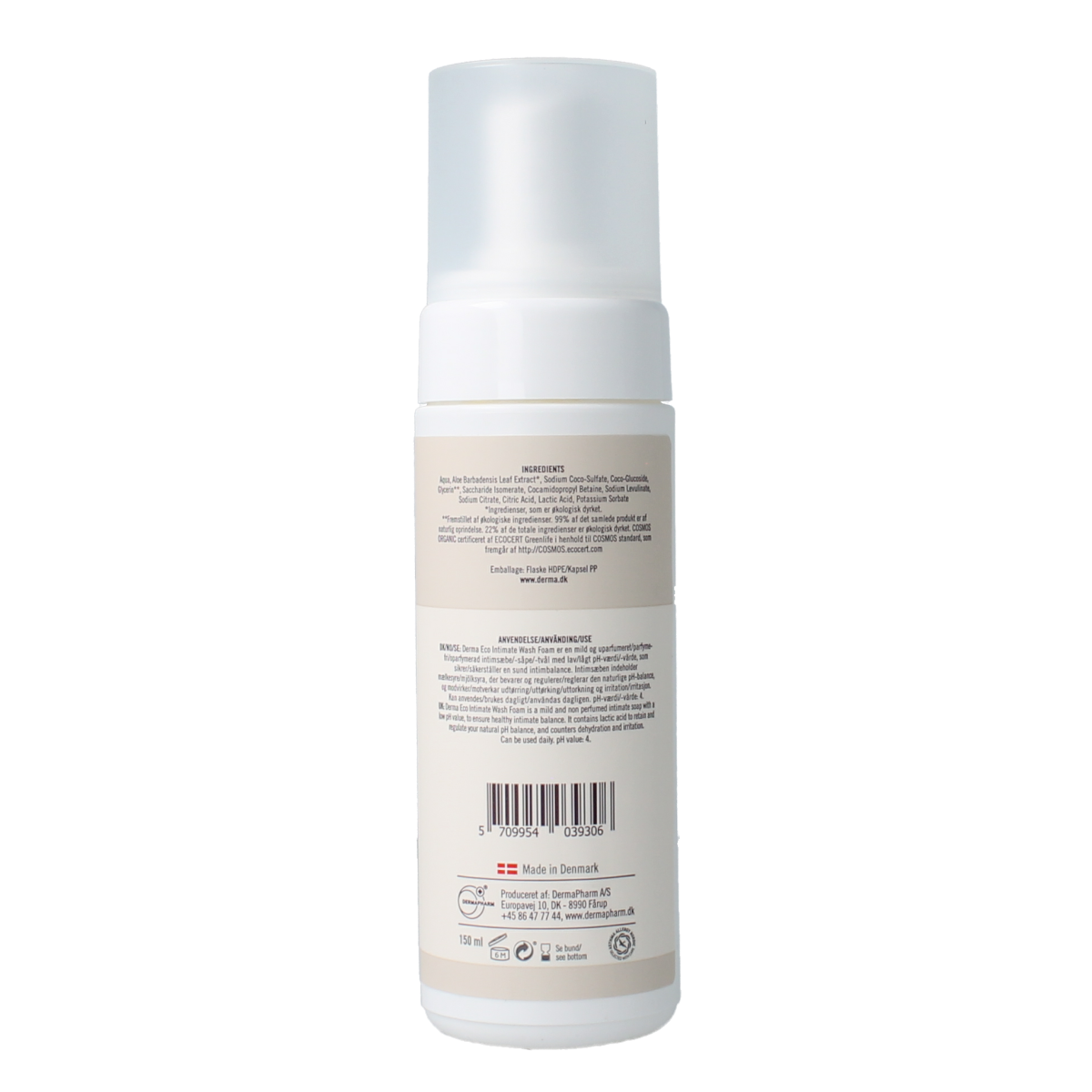 Derma Eco intimate wash foam bottle, 150ml, gentle body care product for intimate hygiene, with a clean design.
