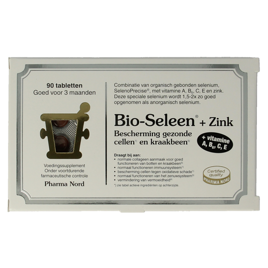 Pharma Nord Bio Seleen & Zink mineral supplement tablets, 90 count, showing tablets in a clear container with label details.