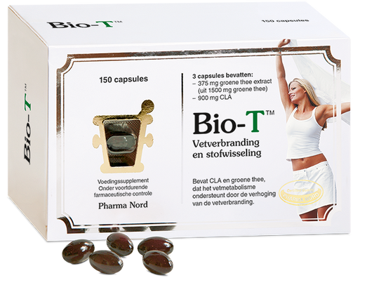Pharma Nord Bio T 150 capsules, herbal supplement in a white bottle with label, showing the product capsules and packaging.