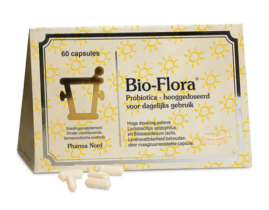Pharma Nord Bio Flora capsules containing micro-organisms, dietary supplement in a transparent bottle with a white label.