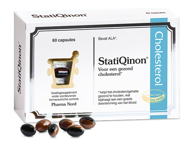 Pharma Nord StatiQinon 60 capsules of herbal supplement in a clear plastic bottle with a white label and blue accents.