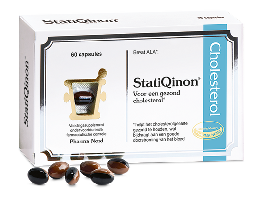 Pharma Nord StatiQinon 60 capsules, herbal supplement in a white bottle with a label, displayed on a plain background.