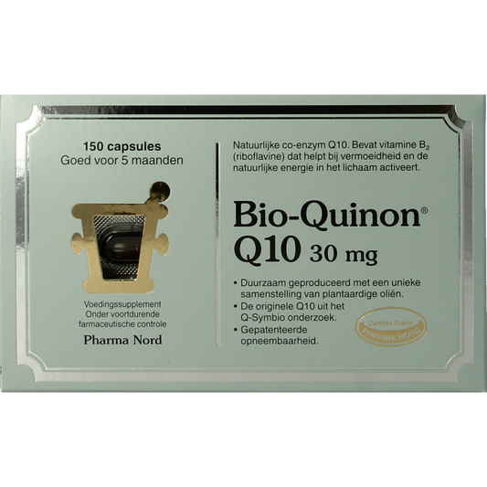 Pharma Nord Bio Quinon Q10 30mg multivitamin capsules, 150 count, showing the supplement bottle with label and capsules inside