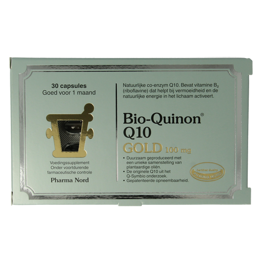 Pharma Nord Bio Qinon Q10 Gold 100mg capsules, dietary supplement with Coenzyme Q10 benefits, 30 softgel capsules.