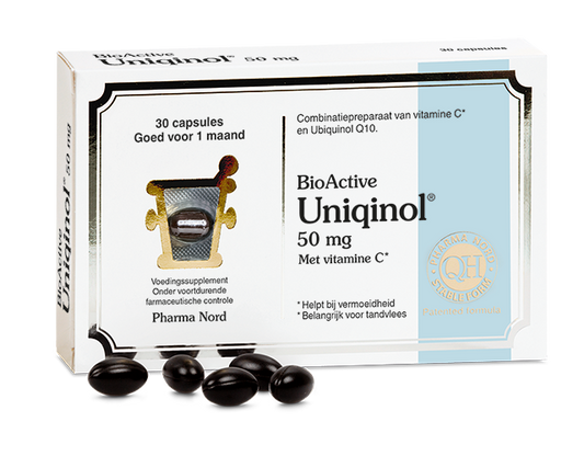 Pharma Nord Bio Active Uniquinol Q10 50mg capsules, dietary supplement with 30 softgel capsules for heart health and energy.