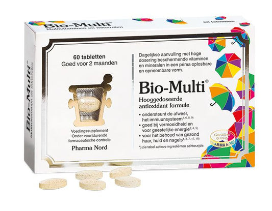 Pharma Nord Bio Multi vitamin tablets, 60-count bottle, showing the colorful tablets in blister packaging.