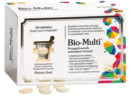 Pharma Nord Bio Multi 150 tablets vitamin supplement with colorful tablets in blister pack, daily multivitamin for health.