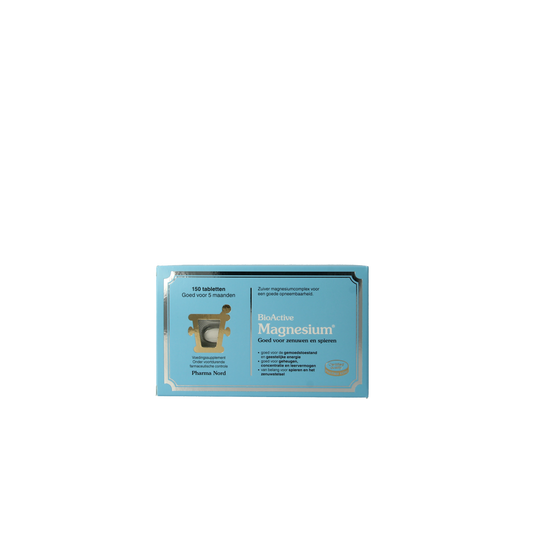 Pharma Nord BioActive Magnesium 150 mg tablets showing the bottle and labeled packaging with tablets inside.
