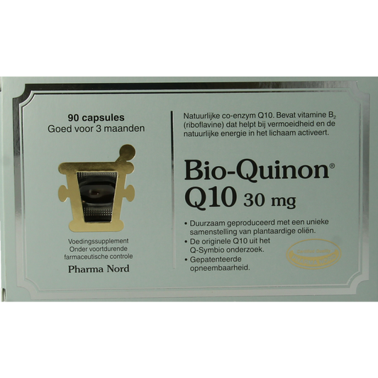 Pharma Nord Bio Quinon Q10 30mg vitamin capsules, 90-count, showing white capsule bottles with label details.