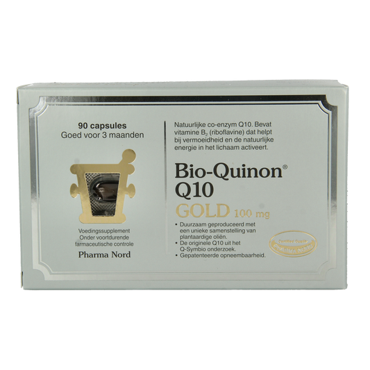 Pharma Nord Bio Q10 Gold 100mg capsules, vitamin supplement in a blister pack with 90 capsules for heart and energy support