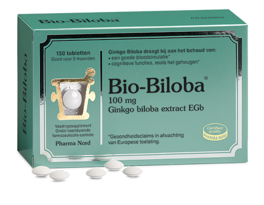 Pharma Nord Bio Biloba 150 mg herbal supplement tablets in blister pack, used for cognitive support and circulation health.