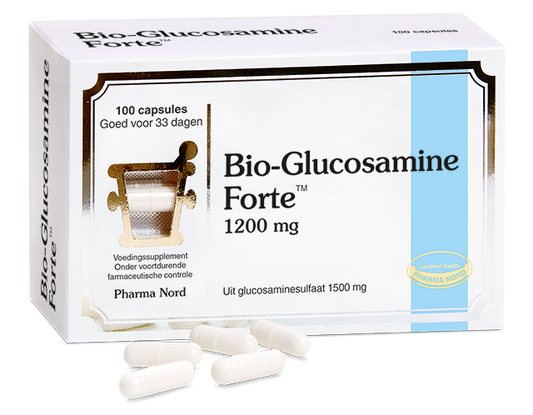 Pharma Nord Bio Glucosamine Forte 100 capsules in a bottle, supplement for joint health and cartilage support.