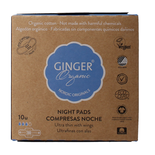 Ginger Organic Maandverband nacht met vleugels 10.00 Stuks