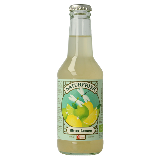 Naturfrisk Bitter Lemon bio 250ml glass bottle, organic lemon drink with fresh citrus slices and natural ingredients.