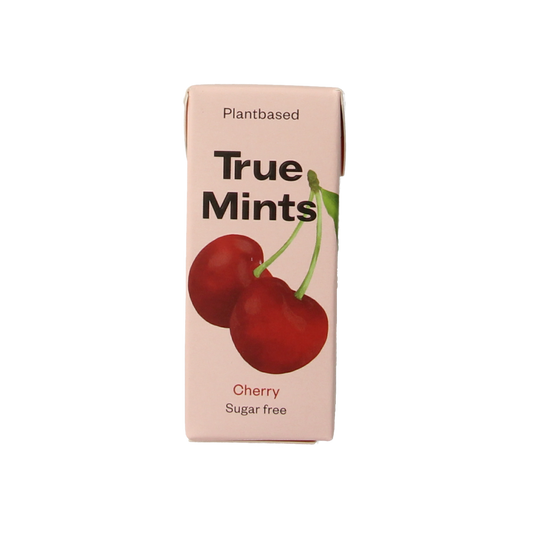True Mints Cherry sugar-free candies in 13g pack, colorful cherry-flavored snoepgoed with vibrant packaging and mint branding.