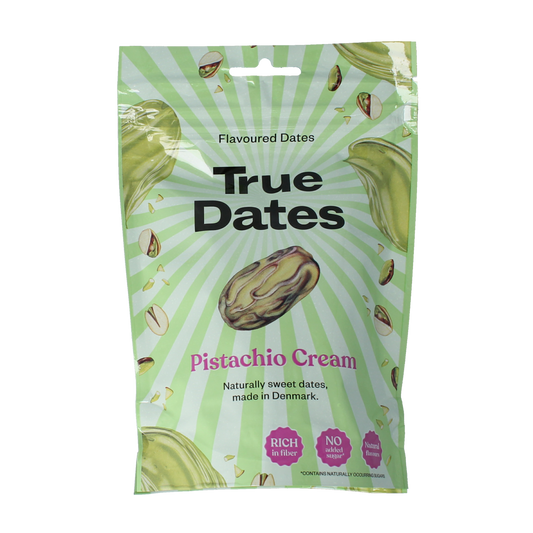 True Dates Pistachio Cream 100g jar, creamy spread with dates and pistachios, labeled as aardappelen groente en fruit on packaging