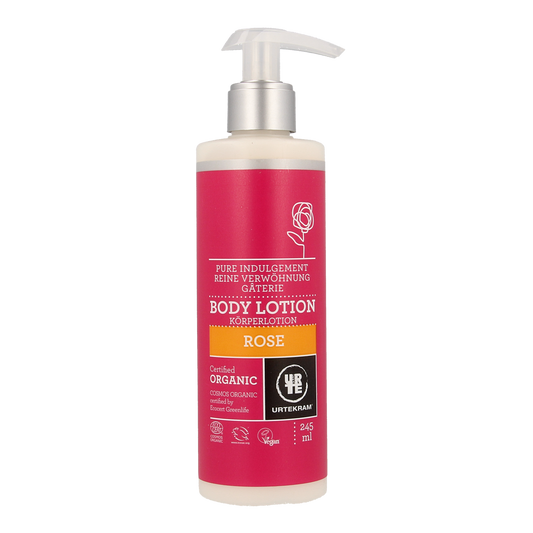 Urtekram Rozen bodylotion in 245ml bottle, moisturizing body care product with rose scent, for soft and nourished skin.