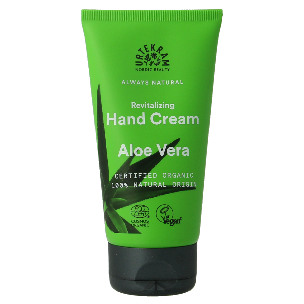 Urtekram Aloe Vera Handcreme 75ml jar with aloe vera leaves and herbal elements for nourishing hand care.
