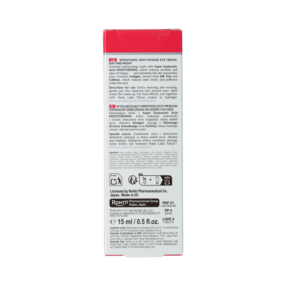 Hada Labo Tokyo Smoothing Anti-Fatigue Eye Cream in 15ml jar with white and blue packaging, designed for eye area skincare.