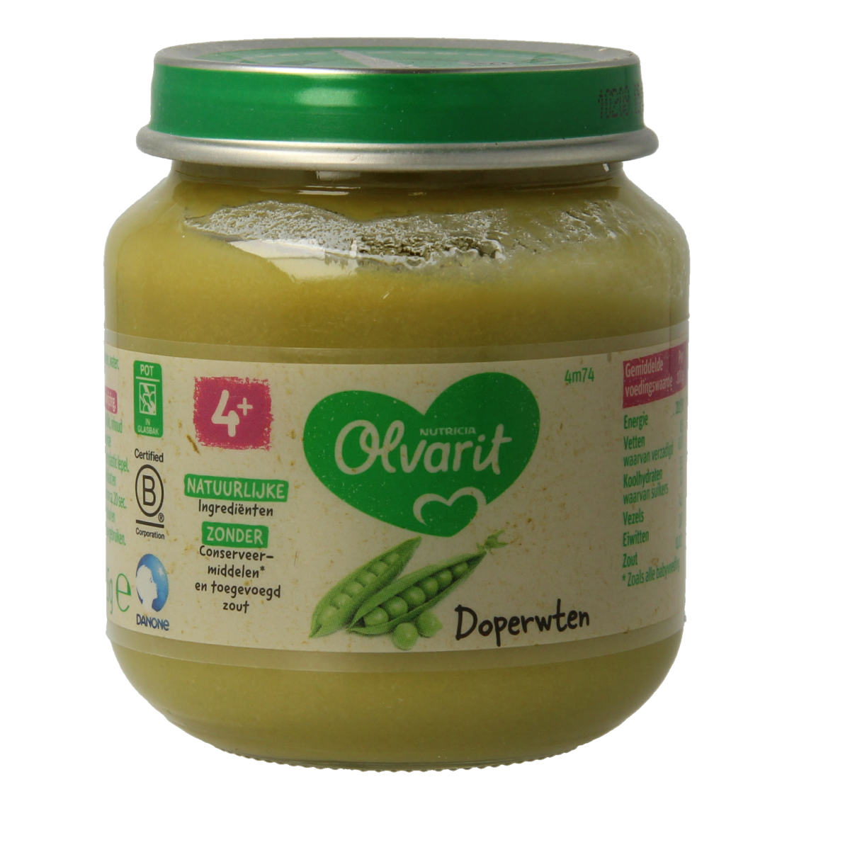 Olvarit baby and toddler food Doperwten peas in a 125g packet, suitable for infants and young children.