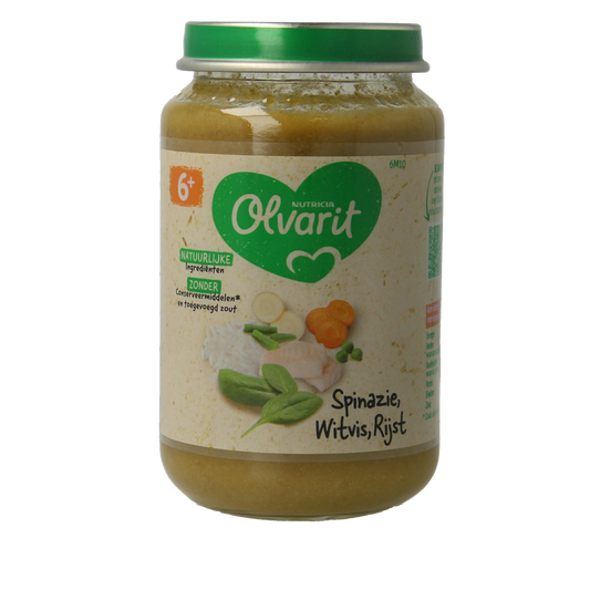 Olvarit baby food spinach, white fish, and rice in a 200g jar, suitable for infants from 6 months old.