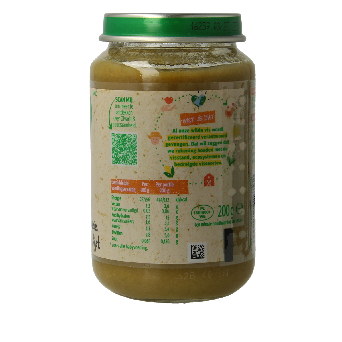 Olvarit baby spinach and white fish rice meal in 200g package, suitable for infants from 6 months old