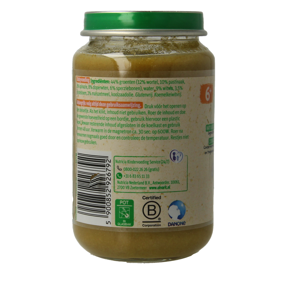 Olvarit baby spinach and white fish rice puree in a 200g jar, suitable for babies from 6 months old, natural and nutritious.