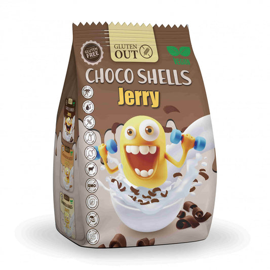 Gluten Out Jerry choco shells gluten-free breakfast cereal in a 375g package, featuring chocolate-flavored cereal shells.