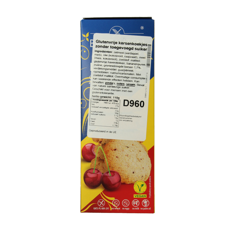 Bezgluten Koekjes kers zonder toegevoegde suiker glutenvrij 110 Gram