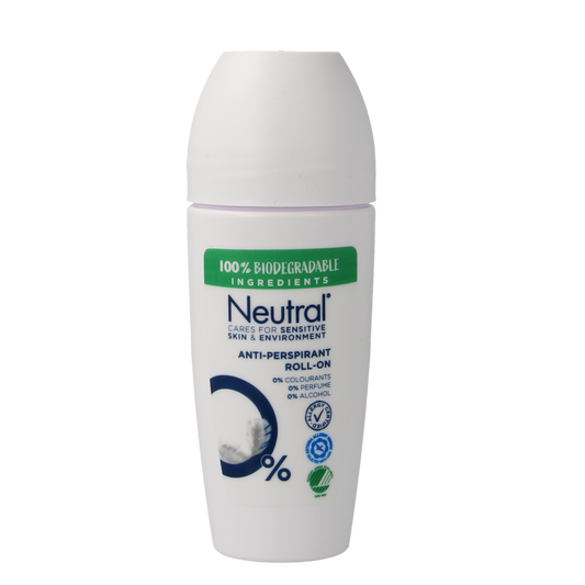 Neutral deodorant roller bottle with 50ml size, featuring a clear rollerball applicator and simple packaging.