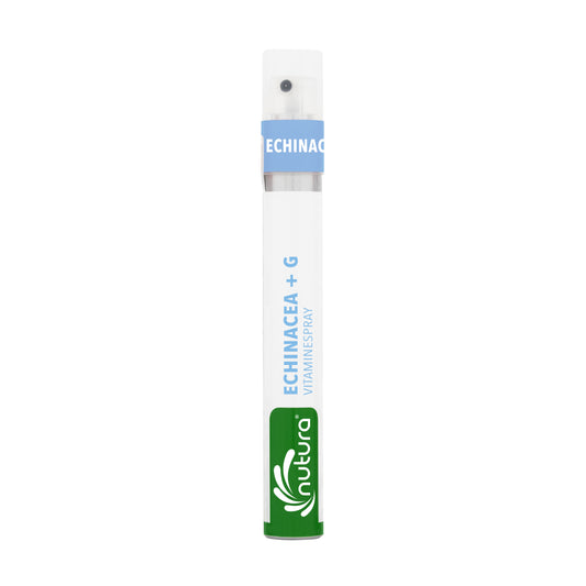 Nutura Vitaminesprays Echinacea +G vitaminspray in a 14.4ml bottle, dietary supplement with herbal and vitamin ingredients.