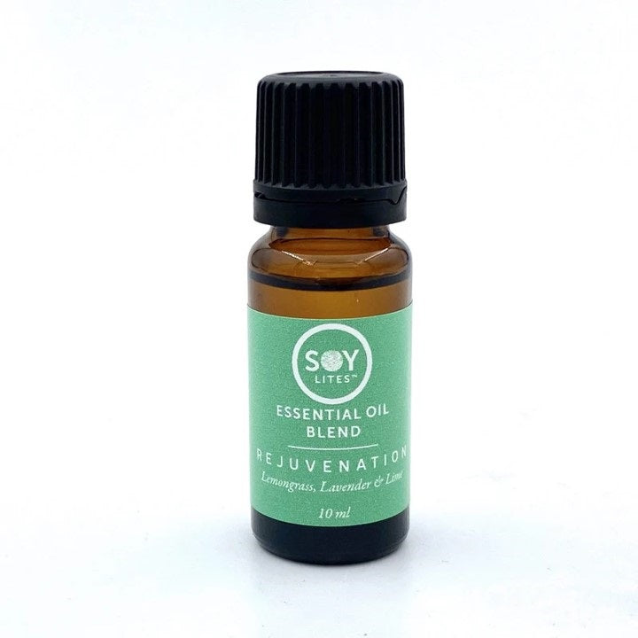 Soylites Rejuvenation Essential Oil 10ml bottle, natural etherische olie for skincare and relaxation, with a clear label and glass bottle.