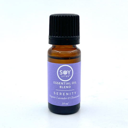 Soylites Serenity essential oil 10ml bottle, natural etherische olie with calming aroma, in clear glass bottle with white cap.
