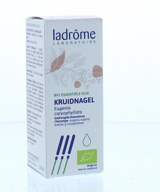 Ladrome bio kruidnagel olie in 10ml bottle, herbal preparation with cloves for natural herbal remedies.