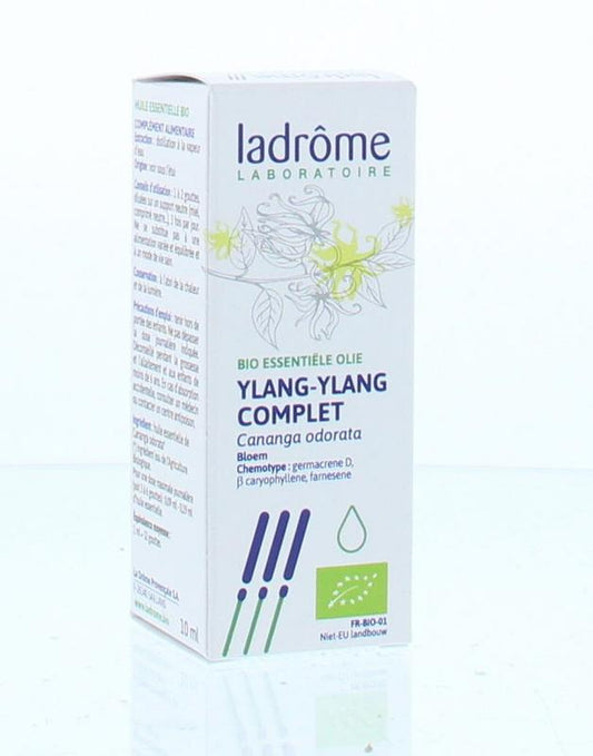 Ladrome Ylang Ylang bio oil in a 10ml bottle, herbal preparation with yellow oil visible in a small glass container.