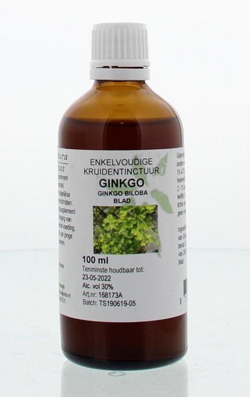 Cruydhof Ginkgo biloba folia tinctuur in 100ml bottle, herbal supplement with green ginkgo leaves on the label.