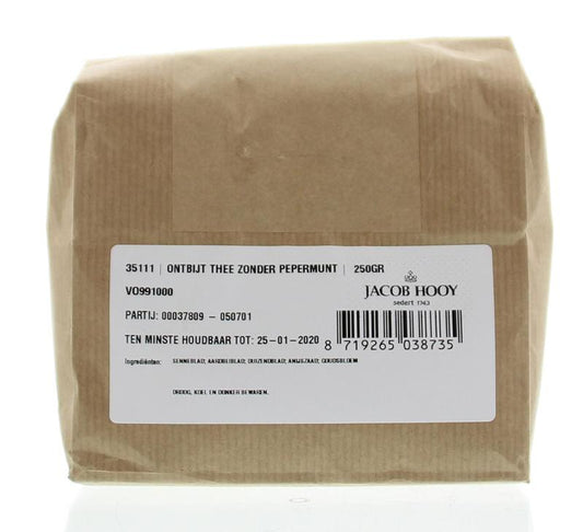 Jacob Hooy breakfast tea without peppermint in a 250g package, featuring tea leaves and packaging label.