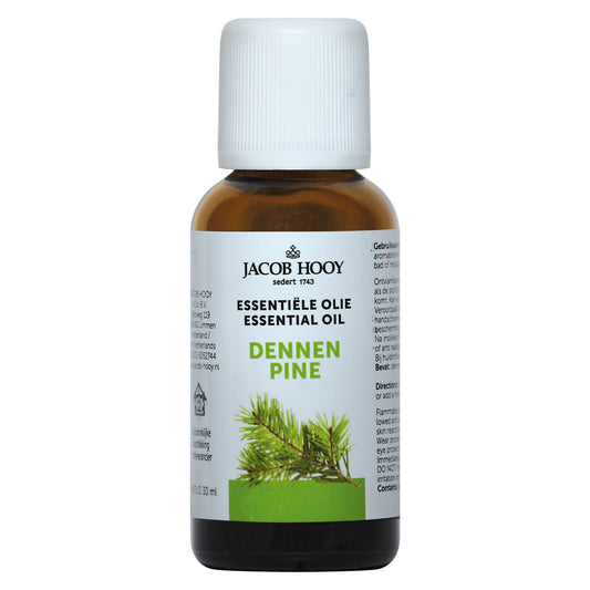 Bottle of Jacob Hooy Dennen olie, 30ml, natural pine essential oil in a clear glass vial with label and dropper cap.