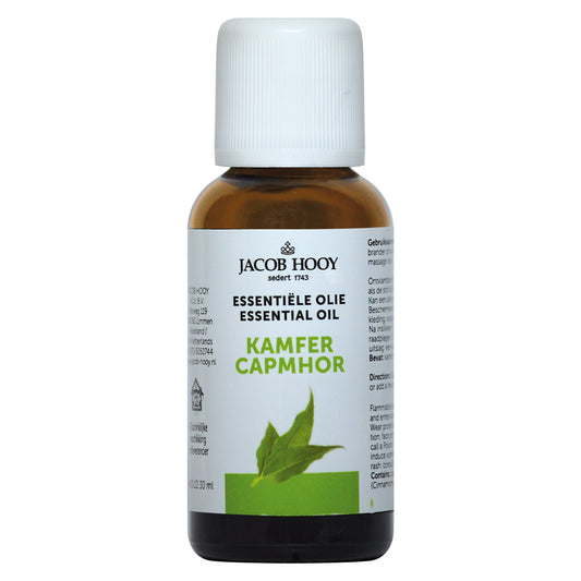 Jacob Hooy Kamfer olie 30ml, aromatic essential oil with a soothing scent, in a clear glass bottle.