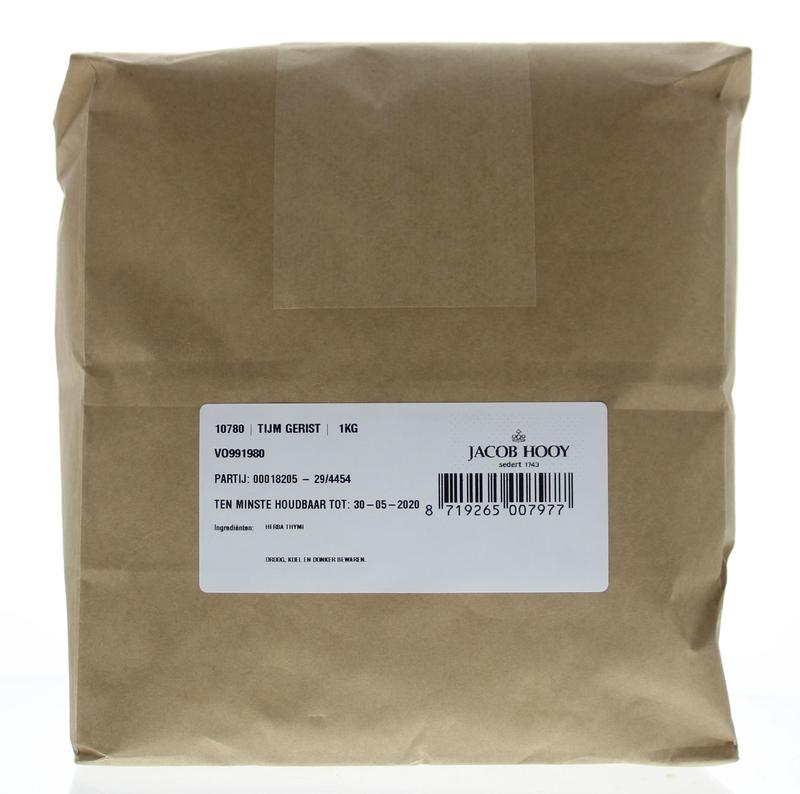 Jacob Hooy thyme herb in a 1kg package, fresh and dried, used for cooking and seasoning in culinary dishes.