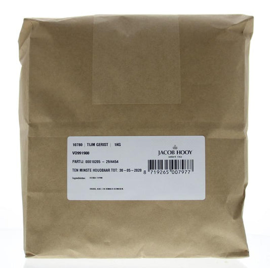 Jacob Hooy thyme herb in a 1kg package, fresh and dried, used for cooking and seasoning in culinary dishes.
