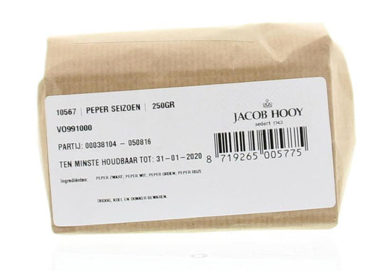 Jacob Hooy Peper seizoen 250g, herbal seasoning blend in a jar, ideal for enhancing flavors in cooking.