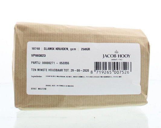Jacob Hooy Slamix kruiden gemalen 250g, dried mixed herbs in a clear jar with a label, ready for culinary use