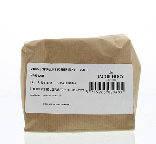 Jar of Jacob Hooy Spirulina powder, 250g, a green superfood supplement in a clear plastic container with a label.