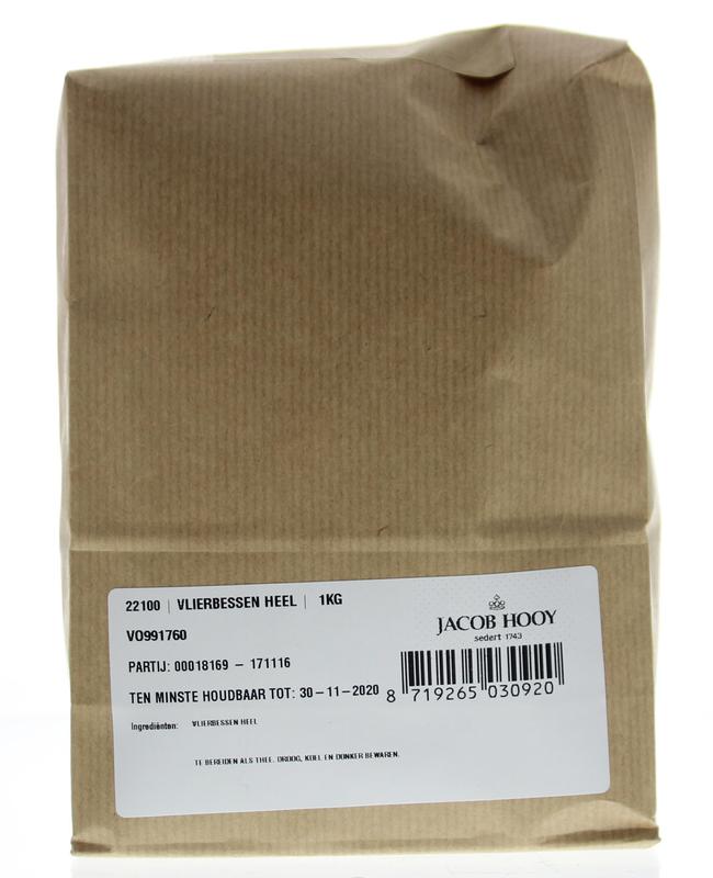 Jacob Hooy Vlierbessen in a 1kg package, herbal product, with dried elderberries visible in the image.