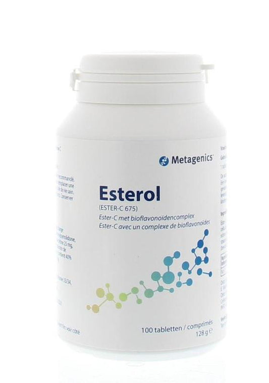 Metagenics Esterol C 675 vitamin supplement with 100 tablets, featuring orange-flavored chewable tablets for immune support.
