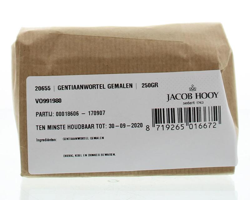 Ground Jacob Hooy Gentiaanwortel herbal powder in a 250g package, used for cooking and herbal remedies.