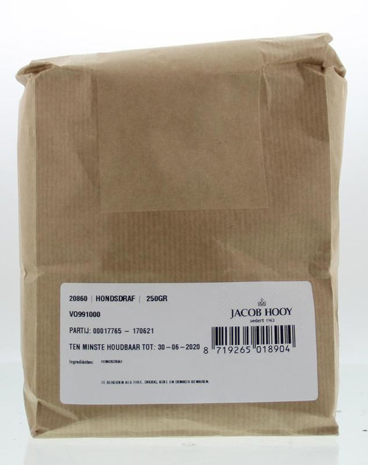 Jacob Hooy Hondsdraf herbal mix in a 250g package, part of Kruiden, Zouten en Maaltijdmixen collection, with fresh green herbs visible.