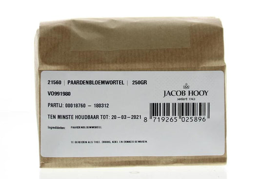 Jacob Hooy Paardenbloemwortel in 250g package, dried herbal root for teas and natural remedies, shown in a clear image.